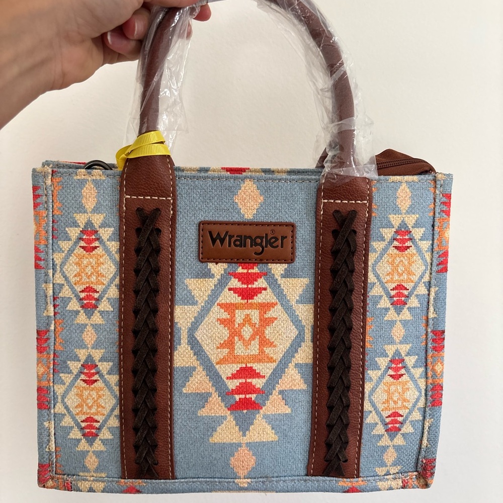 Wrangler Light Blue Aztec Tote with Brown Trim